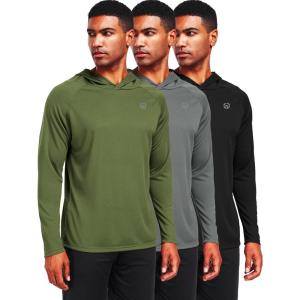 imageNELEUS Mens Workout Long Sleeve Running Shirts Mesh Fishing Hiking TShirtsHoodedHooded BlackGreyGreen 3 Pack