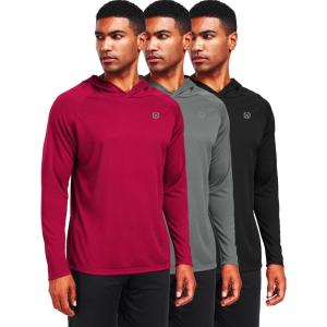 imageNELEUS Mens Workout Long Sleeve Running Shirts Mesh Fishing Hiking TShirtsHoodedHooded BlackGreyRed 3 Pack