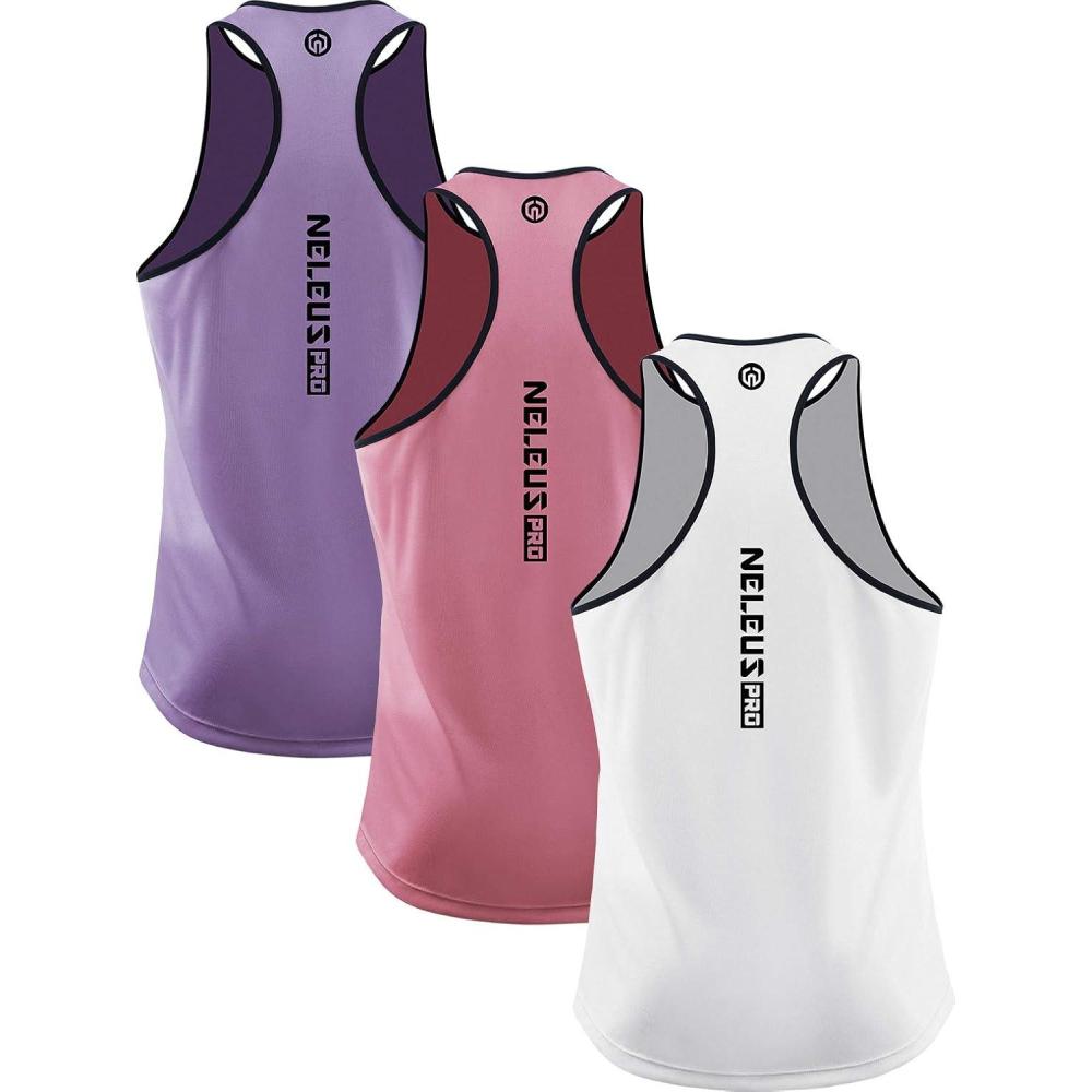 imageNELEUS Mens 3 Pack Dry Fit YBack Muscle Tank Top5097 PurplePinkWhite 3 Pack