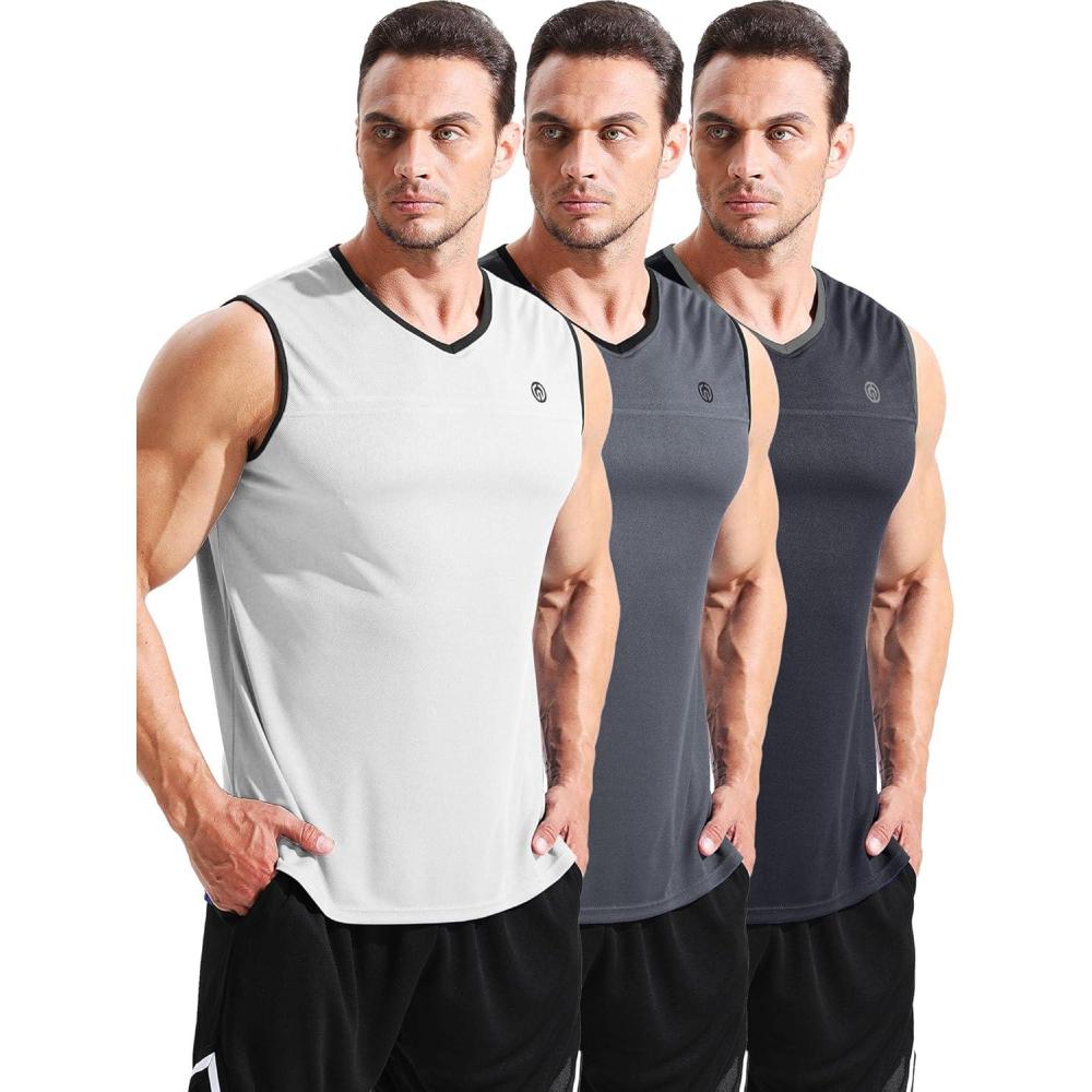 imageNELEUS Mens 3 Pack Dry Fit YBack Muscle Tank TopVneck BlackGreyWhite  3 Pack
