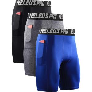 imageNELEUS Mens 3 Pack Running Compression Shorts with Pockets6063 BlackGreyBlue 3 Pack
