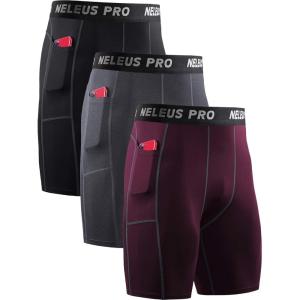 imageNELEUS Mens 3 Pack Running Compression Shorts with Pockets6081 BlackGreyRed 3 Pack