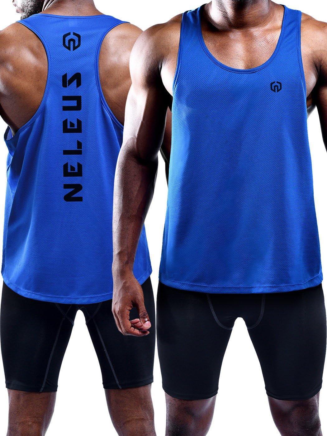 imageNELEUS Mens 3 Pack Dry Fit YBack Muscle Tank Workout Gym Shirt5031 3 Pack Olive Green blue navy Blue