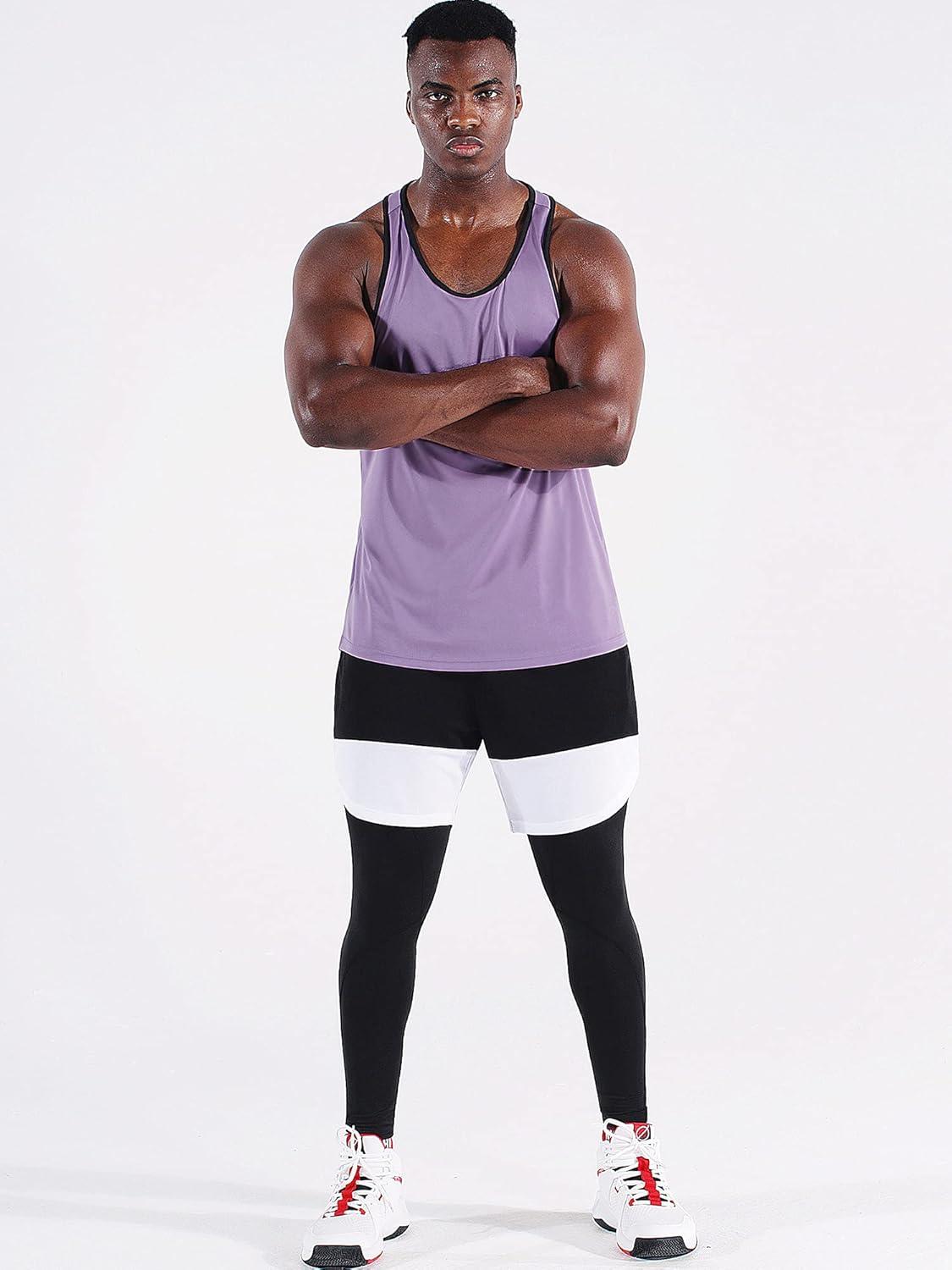 imageNELEUS Mens 3 Pack Dry Fit YBack Muscle Tank Workout Gym Shirt5097 PurplePinkWhite 3 Pack