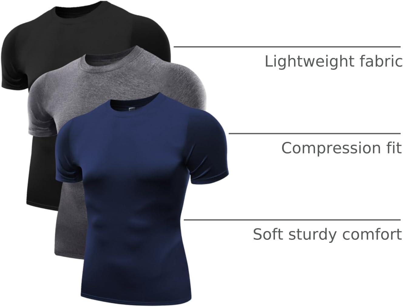 imageNELEUS Mens 3 or 4 Pack Workout Athletic Compression Shirts5011 3 Pack Black grey navy Blue
