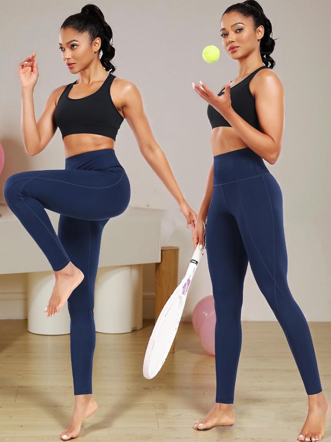 imageNELEUS Womens High Waist Running Workout Leggings for Yoga with Pockets9017 Yoga Pant 2 Packblack navy Blue