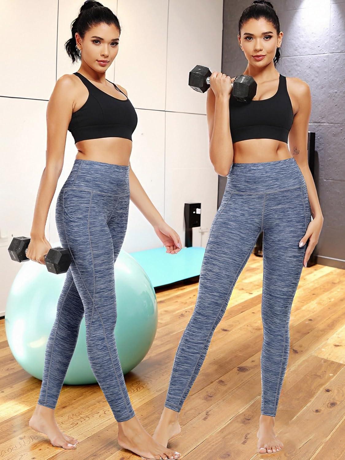 imageNELEUS Womens High Waist Running Workout Leggings for Yoga with Pockets9033 Yoga Pant 2 Pack Black navy Blue