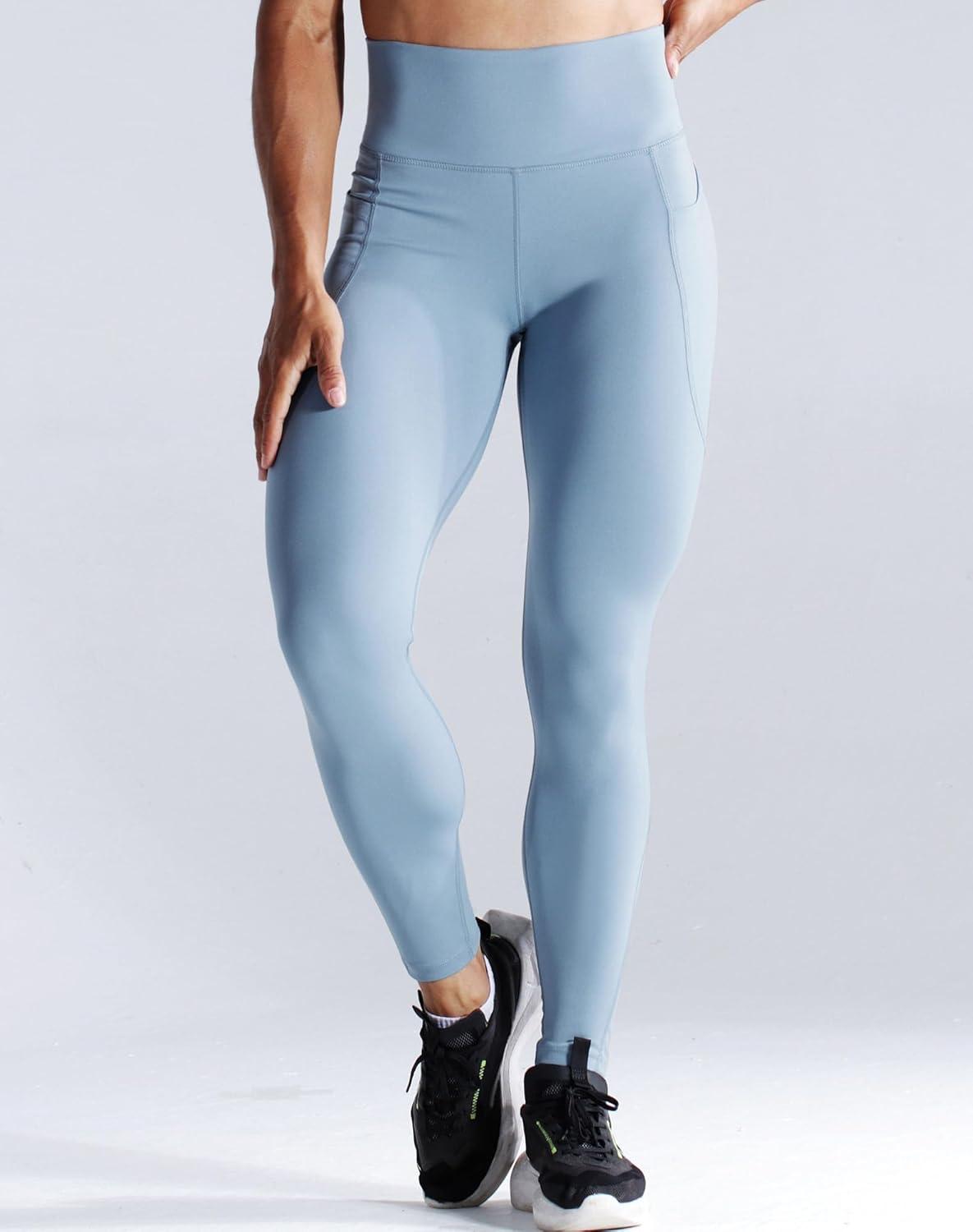 imageNELEUS Womens High Waist Running Workout Leggings for Yoga with Pockets9069 BlackLight Steel BlueIvory 3 Pack