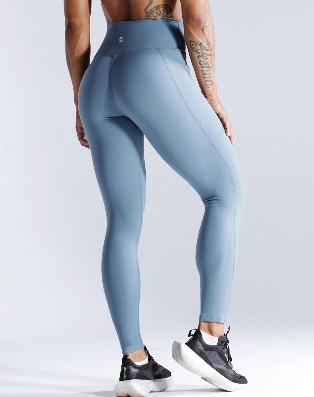 imageNELEUS Womens High Waist Running Workout Leggings for Yoga with Pockets9069 BlackLight Steel BlueIvory 3 Pack