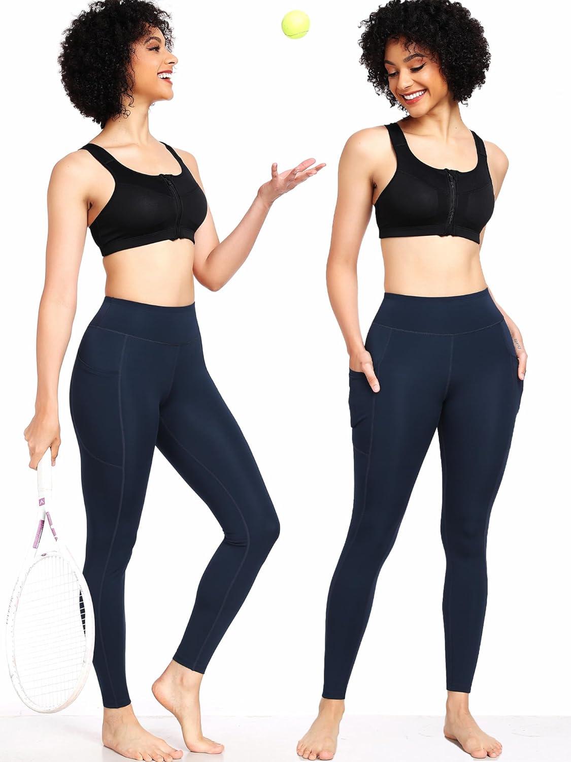 imageNELEUS Womens High Waist Running Workout Leggings for Yoga with Pockets9152 Black grey navy Blue  Pack of 3