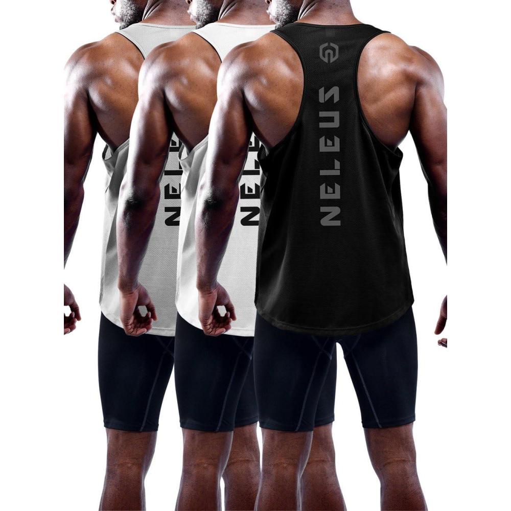 imageNELEUS Mens 3 Pack Dry Fit YBack Muscle Tank Workout Gym Shirt5031 3 Pack Black grey white