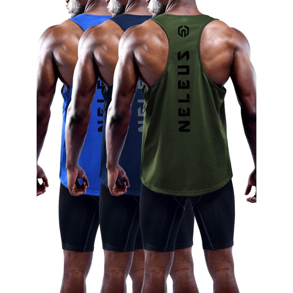 imageNELEUS Mens 3 Pack Dry Fit YBack Muscle Tank Workout Gym Shirt5031 3 Pack Olive Green blue navy Blue