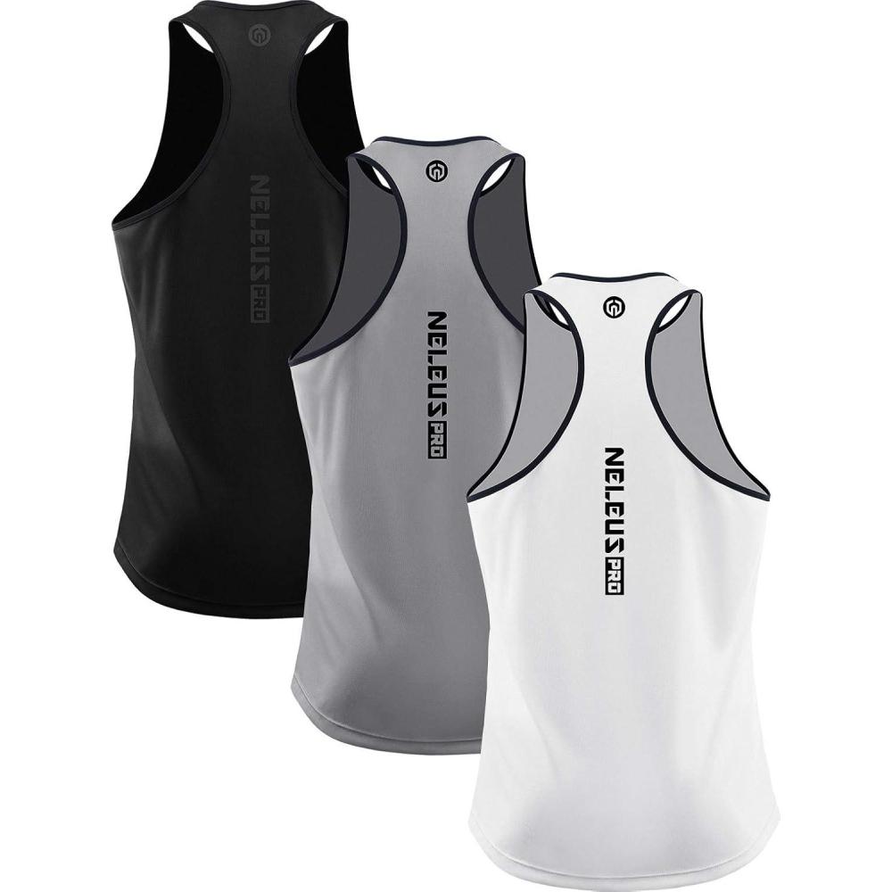 imageNELEUS Mens 3 Pack Dry Fit YBack Muscle Tank Workout Gym Shirt5097 BlackGreyWhite 3 Pack