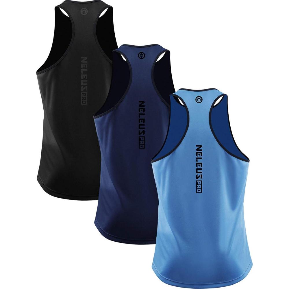 imageNELEUS Mens 3 Pack Dry Fit YBack Muscle Tank Workout Gym Shirt5097 BlackNavyLight Blue 3 Pack