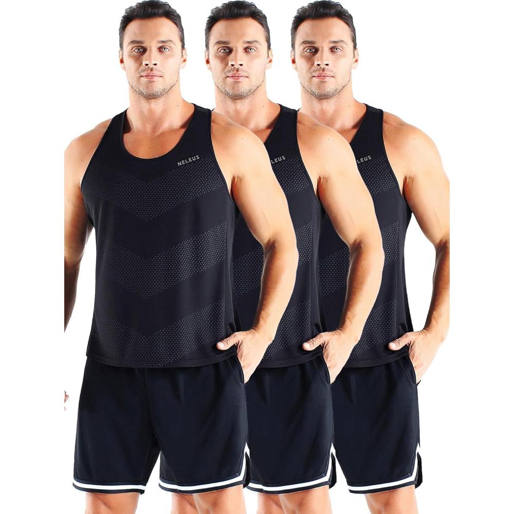 imageNELEUS Mens 3 Pack Dry Fit YBack Muscle Tank Workout Gym Shirt5161 BlackBlackBlack