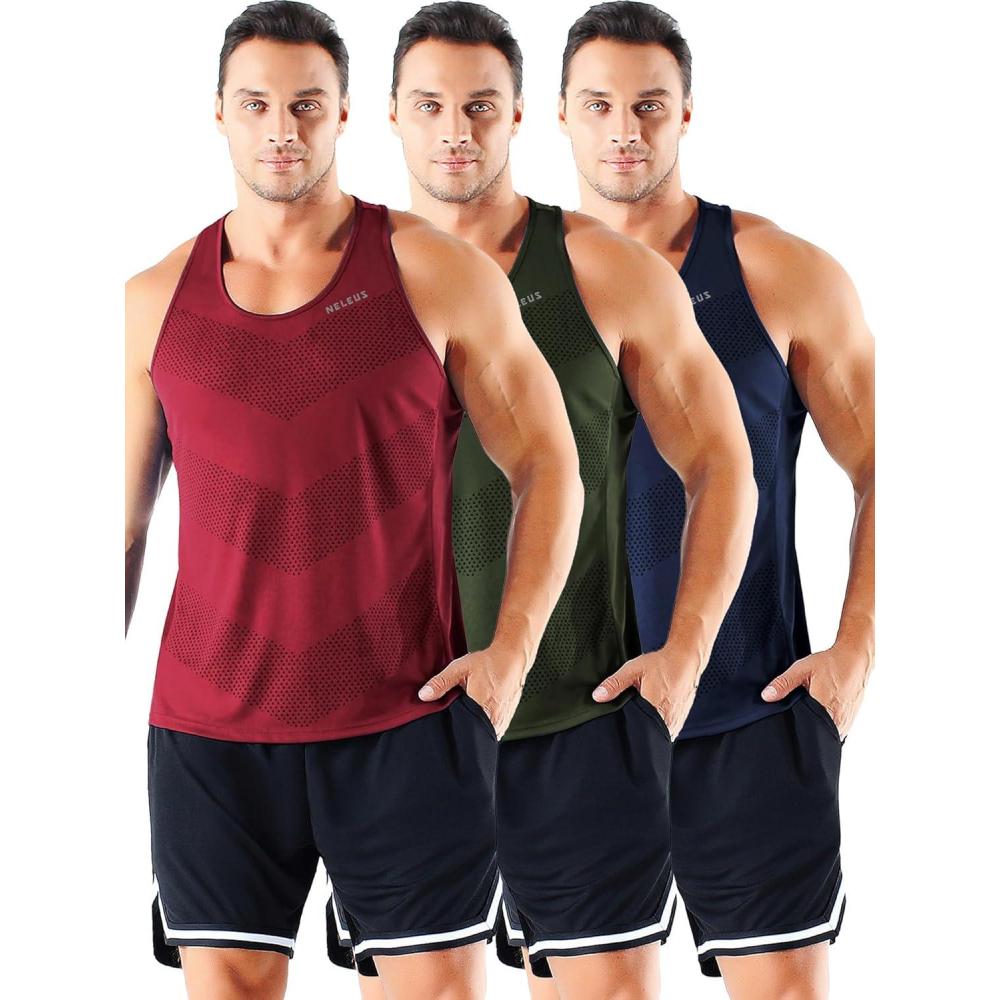 imageNELEUS Mens 3 Pack Dry Fit YBack Muscle Tank Workout Gym Shirt5161 RedOlive GreenNavy Blue