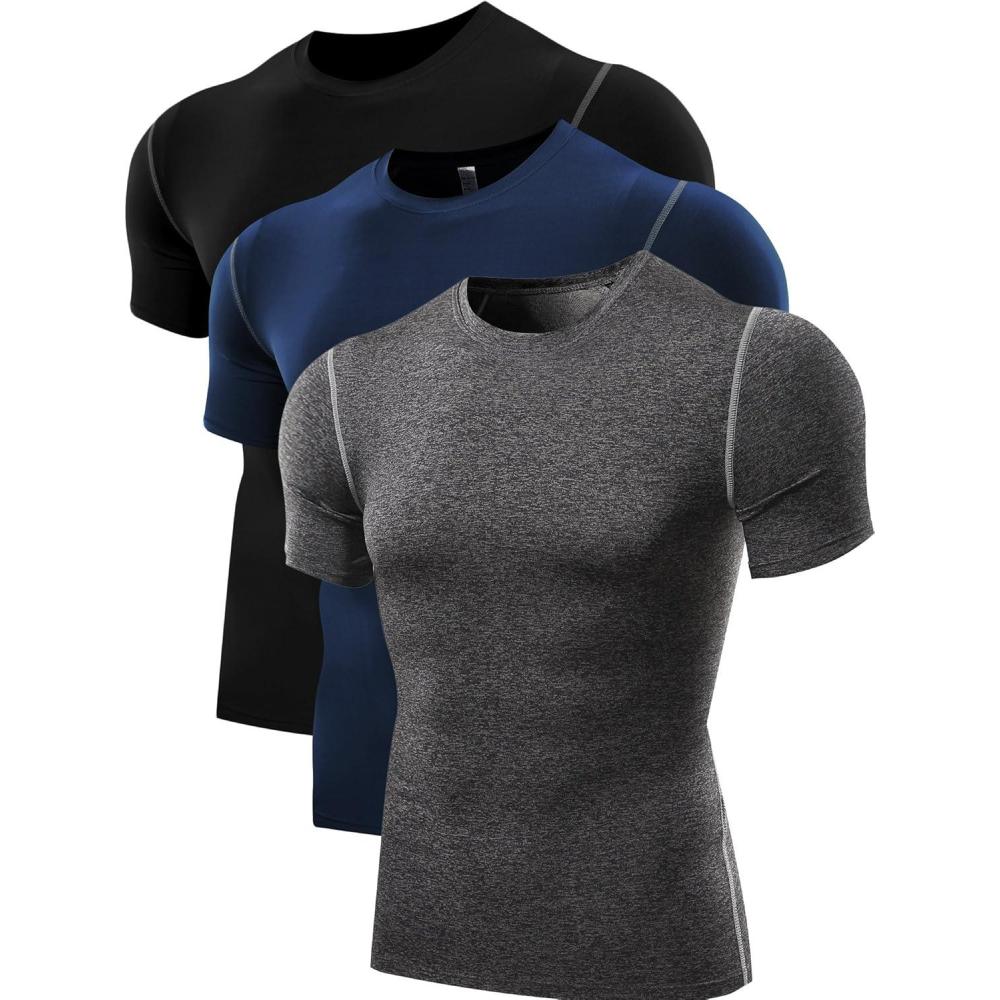 imageNELEUS Mens 3 or 4 Pack Workout Athletic Compression Shirts5003 Black grey navy Blue 3 Pack