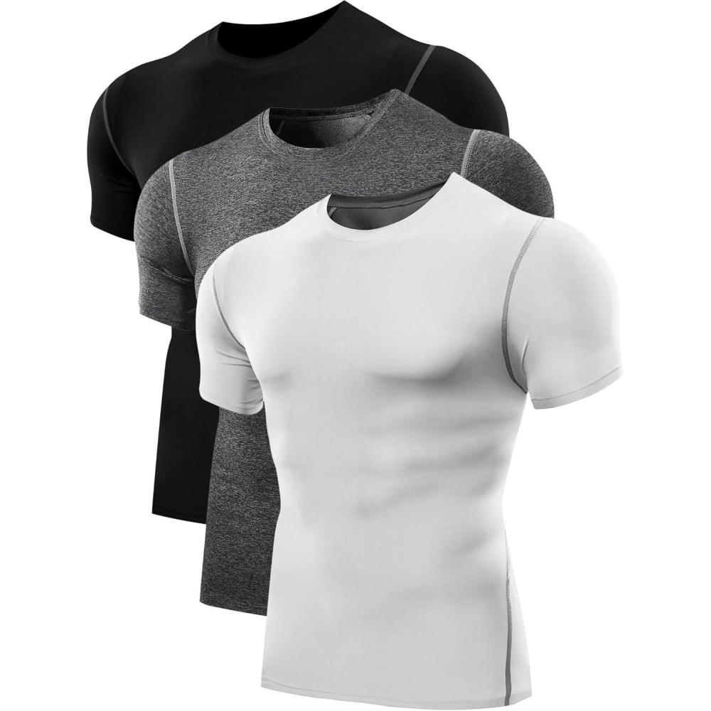 imageNELEUS Mens 3 or 4 Pack Workout Athletic Compression Shirts5003 Black grey white 3 Pack