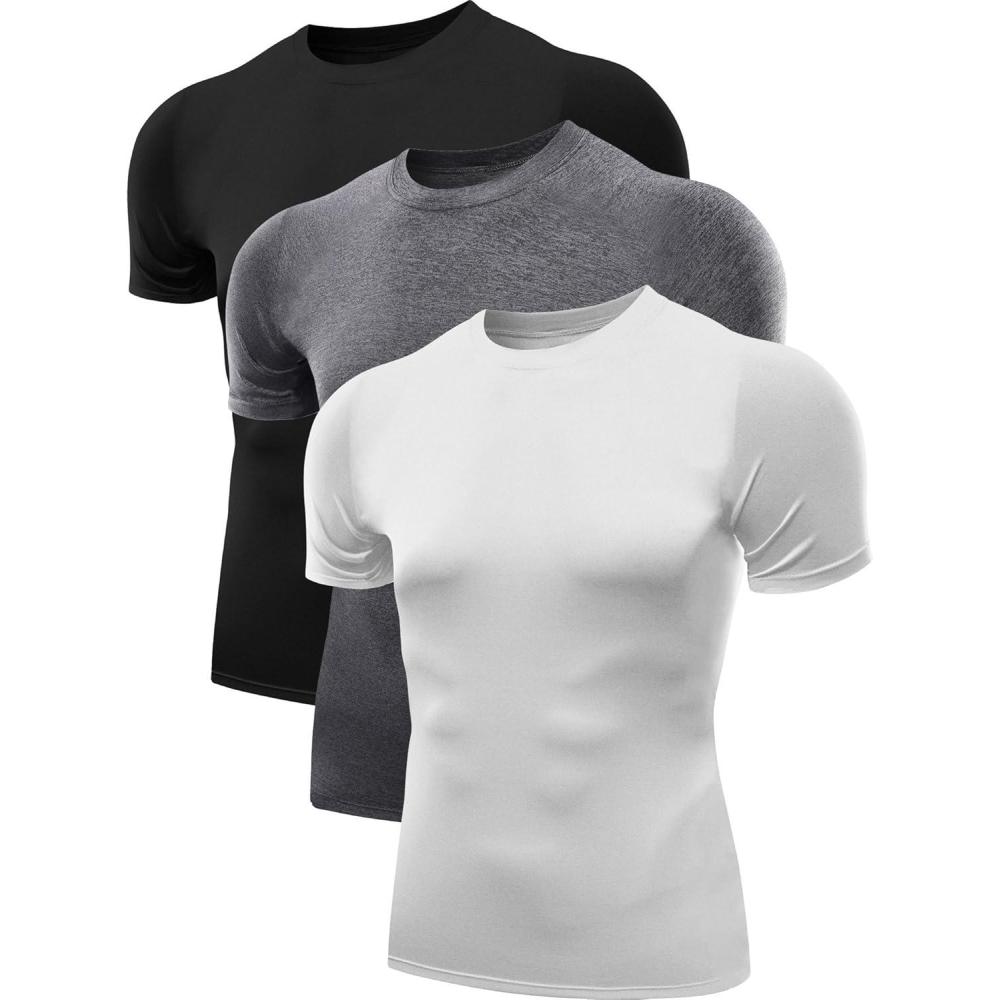 imageNELEUS Mens 3 or 4 Pack Workout Athletic Compression Shirts5011 3 Pack Black grey white