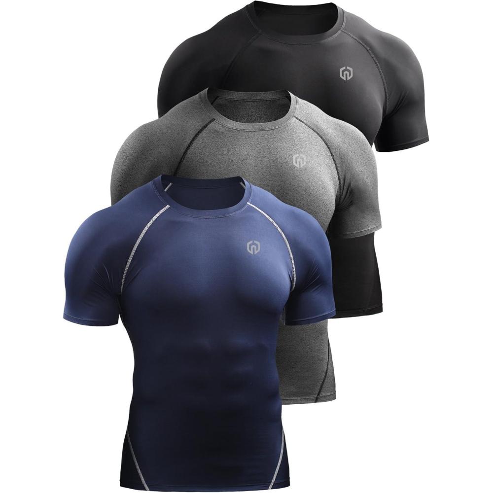 imageNELEUS Mens 3 or 4 Pack Workout Athletic Compression Shirts5022 BlackGreyNavy Blue