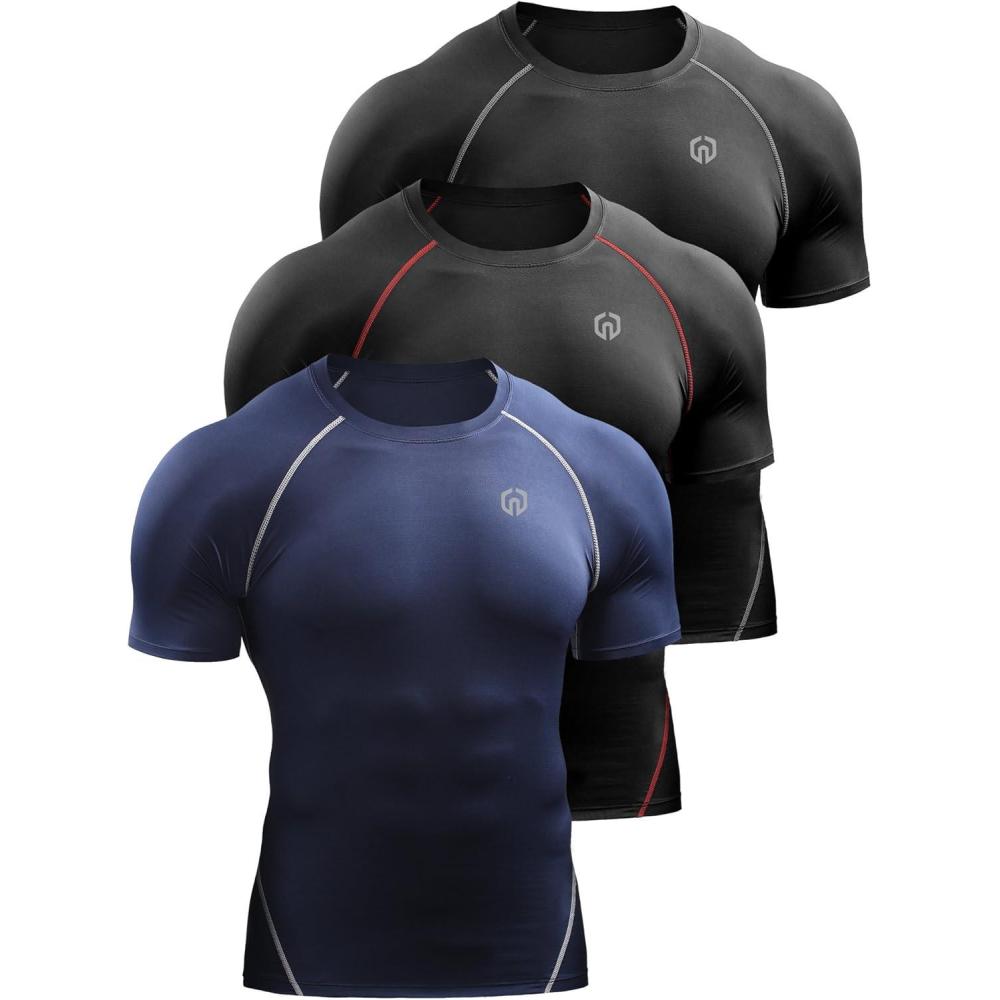 imageNELEUS Mens 3 or 4 Pack Workout Athletic Compression Shirts5022 BlackgreyBlackredNavy Blue