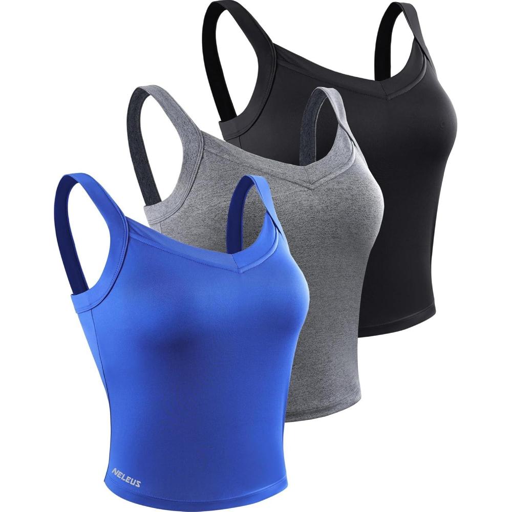 imageNELEUS Womens 3 Pack Athletic Cropped Tank Top Padded Bra8196 BlackGreyBlue