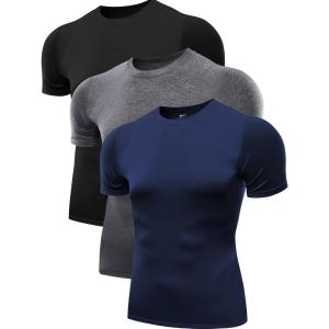 imageNELEUS Mens 3 or 4 Pack Workout Athletic Compression Shirts5011 3 Pack Black grey navy Blue
