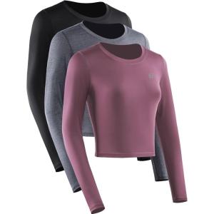 imageNELEUS Womens 3 Pack Compression Workout Athletic ShirtBlackGreyRose Red  Long Sleeve