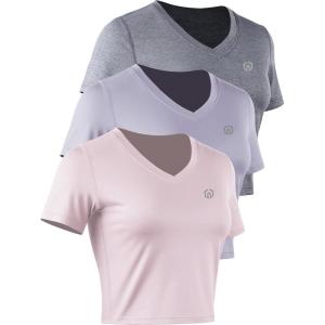 imageNELEUS Womens 3 Pack Compression Workout Athletic ShirtVneck GreyPinkLight Purple  3 Pack