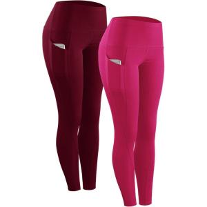 imageNELEUS Womens High Waist Running Workout Leggings for Yoga with Pockets9017 Yoga Pant 2 Packred rose Red