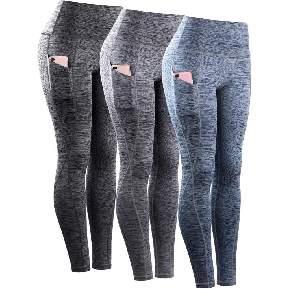 imageNELEUS Womens High Waist Running Workout Leggings for Yoga with Pockets9033 Yoga Pant 3 Pack Black grey navy Blue