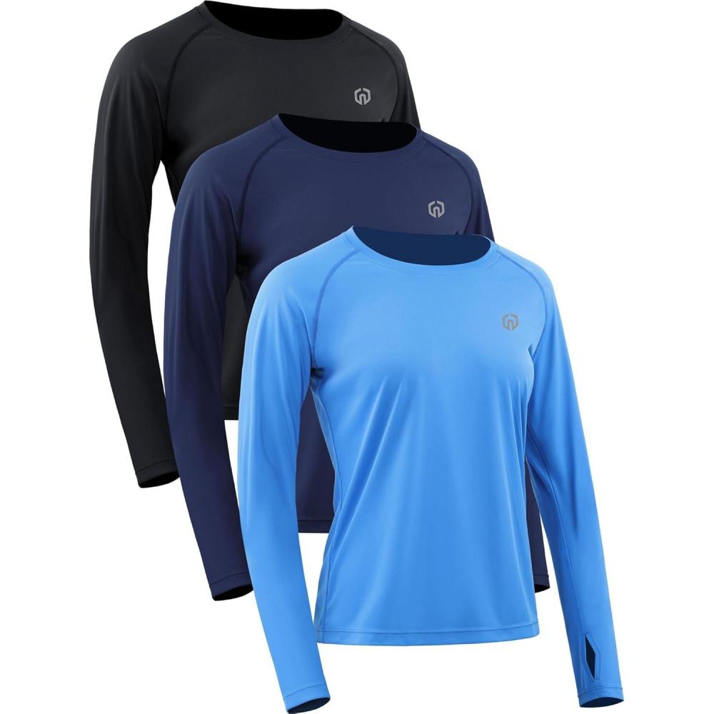 imageNELEUS Womens UPF 50 Long Sleeve Shirt Workout Running Tops Hiking8502 BlackNavy BlueBlue 3 Pack