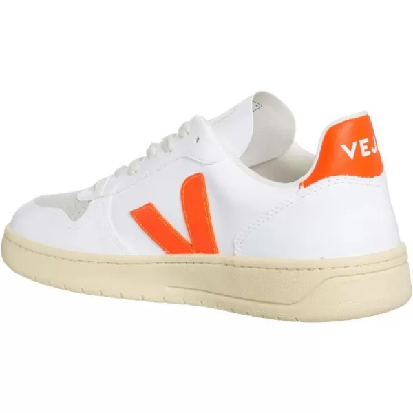 Veja Mens V10 Leather SneakersWhite  Orange Fluo