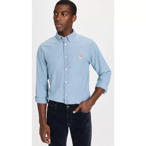 Maison Kitsune Mens Button Down Classic Shirt with Institutional Fox HeadWashed Indigo