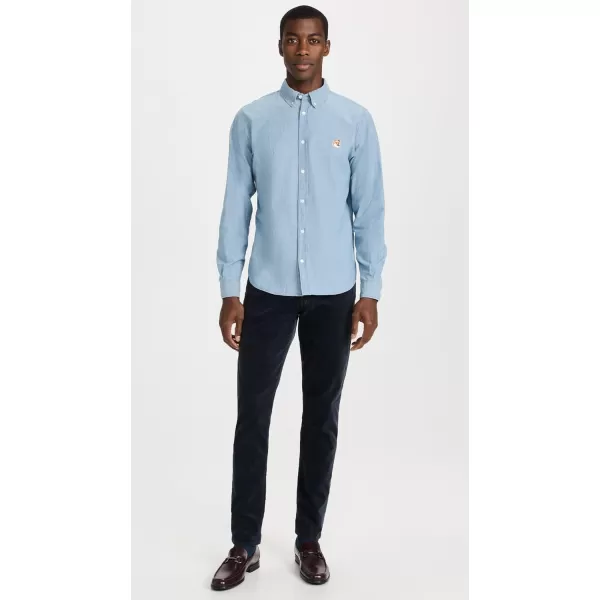 Maison Kitsune Mens Button Down Classic Shirt with Institutional Fox HeadWashed Indigo