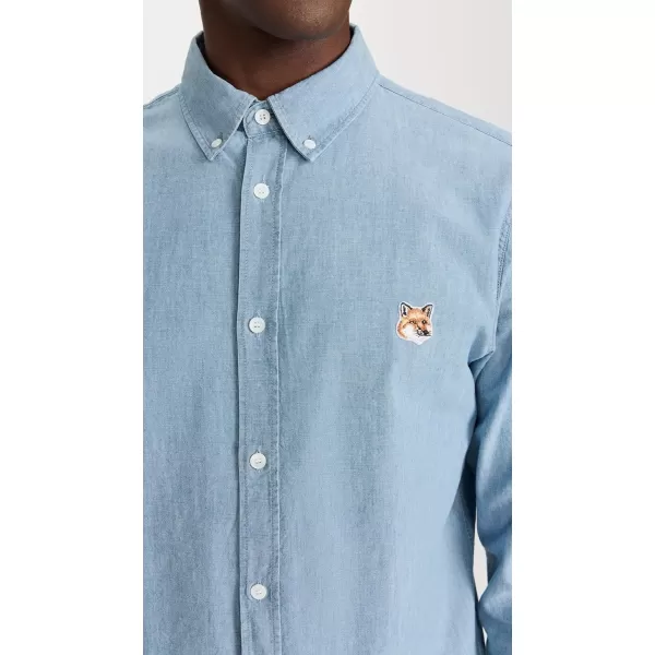 Maison Kitsune Mens Button Down Classic Shirt with Institutional Fox HeadWashed Indigo