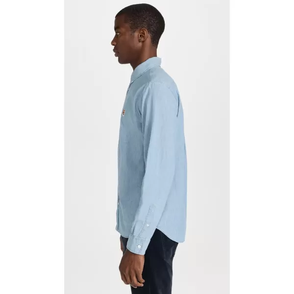 Maison Kitsune Mens Button Down Classic Shirt with Institutional Fox HeadWashed Indigo