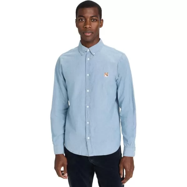 Maison Kitsune Mens Button Down Classic Shirt with Institutional Fox HeadWashed Indigo