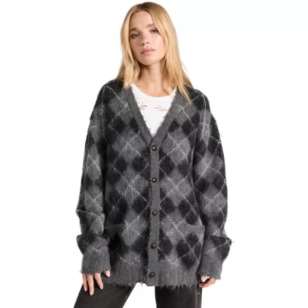 R13 Womens Fluffy Plaid Oversized Distressed Edge CardiganCharcoal W Black Argyle Plaid