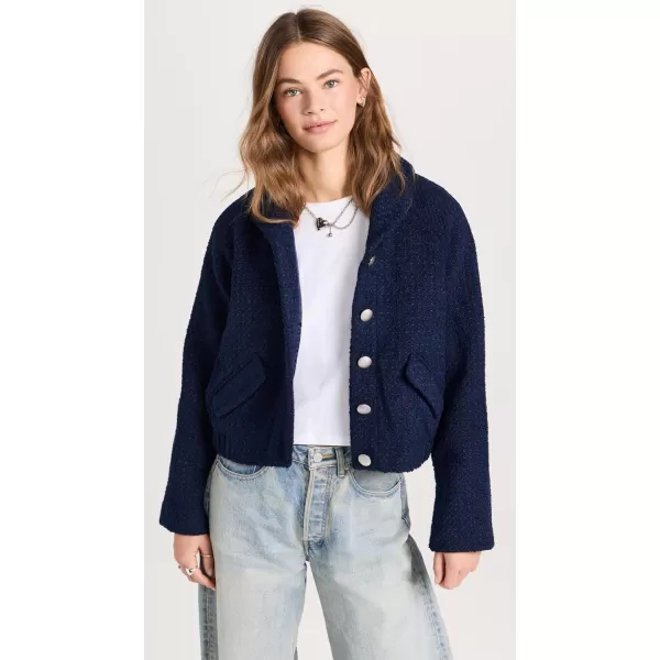 endless rose Womens Boucle Tweed Buttoned BomberNavy