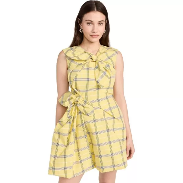 MSGM Womens Poplin Check Short Draped Dress with BowsYellow