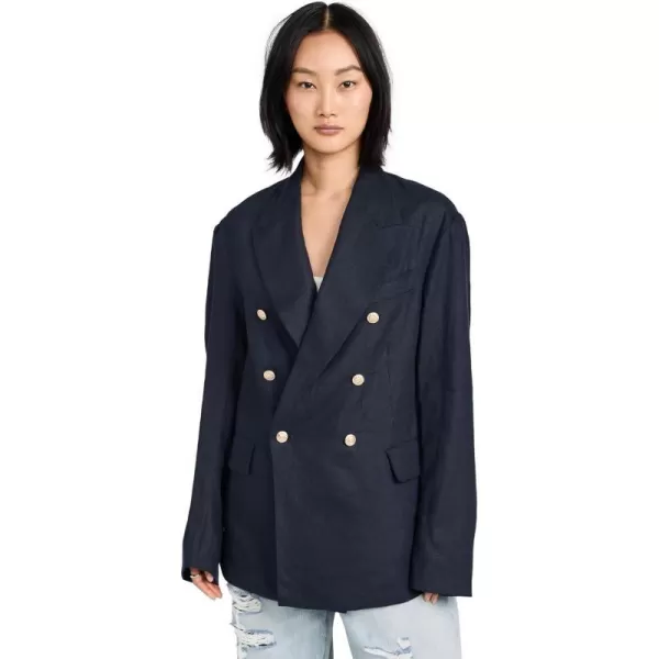 Womens Double Breasted Peak Lapel BlazerNavy Linen