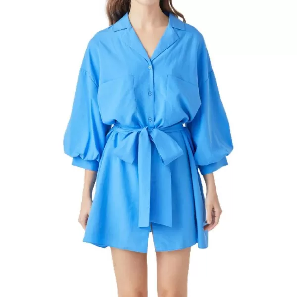 endless rose Blouson Sleeve Belted Shirt DressOcean Blue