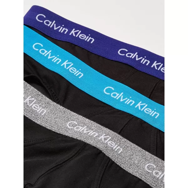 Calvin Klein Mens Cotton Stretch 3Pack Hip BriefBlack BodyOpen OceanMiddle Ground HeatherBlue Topaz