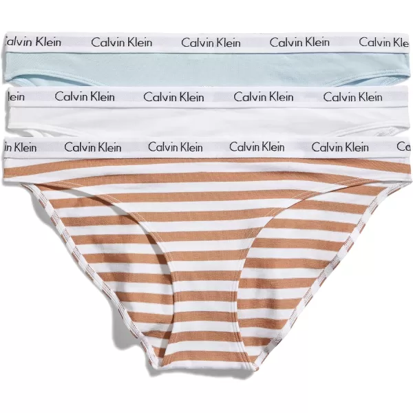 Calvin Klein Womens Carousel Logo Cotton Stretch Bikini Panties 3 Pack3 Palest BlueWhiteRainer Stripe Sandalwood