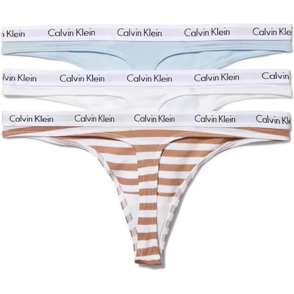 Calvin Klein Womens Carousel Logo Cotton Thong Multipack Panty3 Palest BlueWhiteRainer Stripe Sandalwood