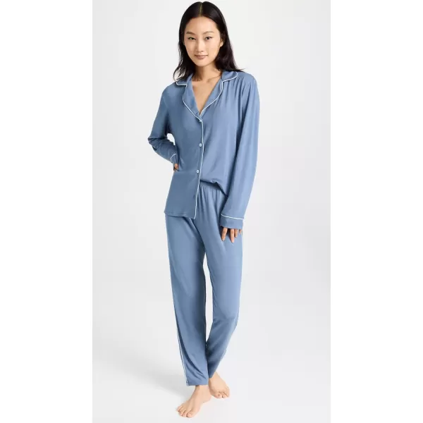 Eberjey Gisele Tuxedo Slim Womens Pajama Set  Button Down Shirt w Front Pocket Slim Pants w Elastic WaistCoastal BlueIvory