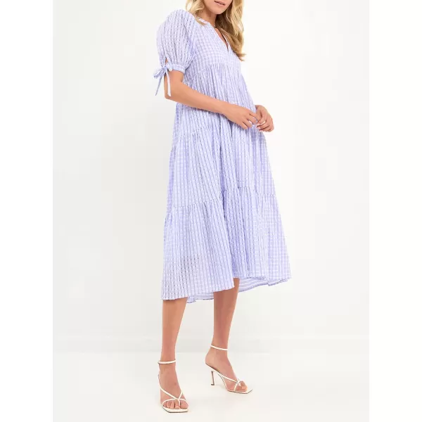 English Factory Gingham Tiered Midi Dress with Bow Tie SleevesLavender