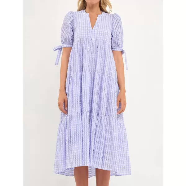 English Factory Gingham Tiered Midi Dress with Bow Tie SleevesLavender