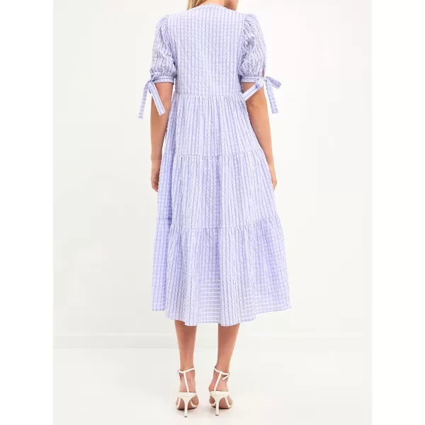 English Factory Gingham Tiered Midi Dress with Bow Tie SleevesLavender